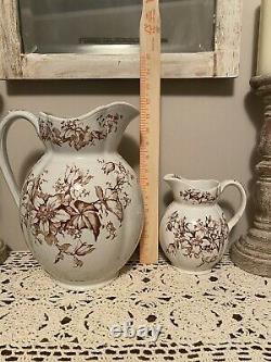 Antique Very Rare Brown Transfer ware Water Pitcher And Basin Vanity Set