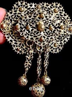 Antique Very Rare Set Brooch & 2 Dress Clips- Gilded Brass Gold Washed Filigree