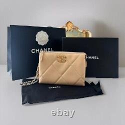 CHANEL FULL SET VERY RARE & COVETED Goatskin Quilted Small Chanel 19 Pouch Beige