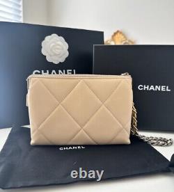 CHANEL FULL SET VERY RARE & COVETED Goatskin Quilted Small Chanel 19 Pouch Beige