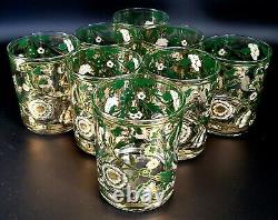 Culver Ltd Very Rare Green, White & 22K Gold Flower Rocks Glasses 8 Piece Set