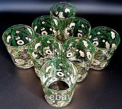 Culver Ltd Very Rare Green, White & 22K Gold Flower Rocks Glasses 8 Piece Set
