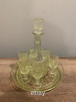 French Vaseline Uranium Liquor Decanter Set With Goblets And Tray Very Rare