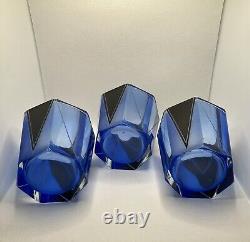 Karl Palda Art Deco Blue Glass Set of 3 Whisky Glasses Very Rare Rich Blue