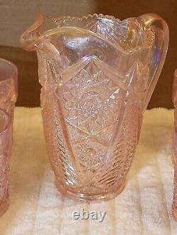 L. E. Smith Iridescent Pink Valtec Carnival Glass Water Set, VERY RARE COLOR
