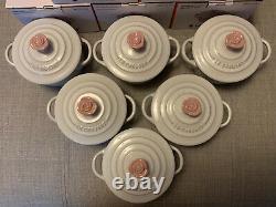 Le Creuset Set Of 6 8oz Cocottes White With Pink Roses Very Rare