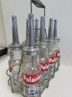 ORIGINAL VERY RARE Full Set Of 1Quart Polarine STANDARD Oil Glass Bottles W Rack