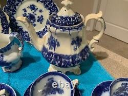 RARE. Very Early FLOW BLUE TEA SET (30 pc) circa 1825