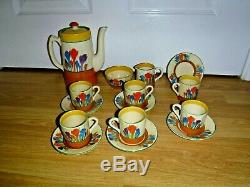 Rare Clarice Cliff Crocus Coffee Set For 6 Including Coffee Pot Very Good Con