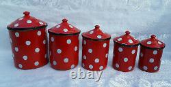 Rare very nice Vintage French Polka Dot Red White Enamelware 5 Canister Set