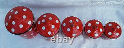 Rare very nice Vintage French Polka Dot Red White Enamelware 5 Canister Set