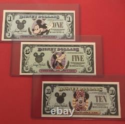 UNC VERY RARE LOT 1998 D MICKEY $1 GOOFY $5 MINNIE $10 Matched Serial Number Set