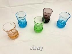 VERY RARE Mid-Century Star-Cut Colored Glass Insulator Shot Glass Set of 5