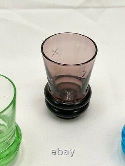 VERY RARE Mid-Century Star-Cut Colored Glass Insulator Shot Glass Set of 5