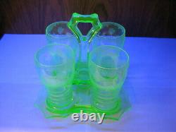 Very RARE Cambridge lt. Emerald beverage set GOLF etch 4 tumblers + handled tray