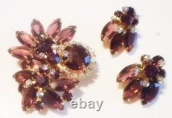 Very Rare D&e Juliana Vint Purple/mauve & Ab Rhinestone Brooch Earring Set Bk Pc