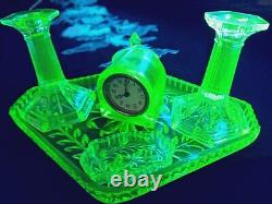 Very Rare Green Uranium 7 Piece Trinket Set with Clock Art Deco Depression Era
