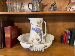 Very Rare Ironstone Pitcher & Basin Wash Set with Blue Pheasants and gold rims