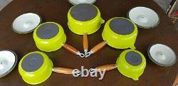 Very rare Le Creuset Five Pan Set green Cast Iron Round pans Pots With Lids
