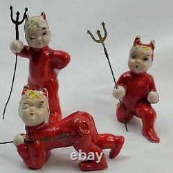 Vintage Red Devil Pixie Elf Figurines With Pitchfork Set of 3 Lefton Very Rare