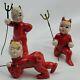 Vintage Red Devil Pixie Elf Figurines With Pitchfork Set Of 3 Lefton Very Rare