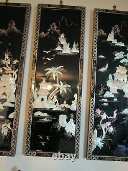 Ensemble de 4 œuvres d'art murales chinoises en coquillages (Très rare) chacune de 12x36