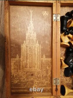 TRÈS RARE ! TRÈS ANCIEN ! Ensemble d'échecs antique MOSCOW MSU Set USSR entièrement en bois #C522