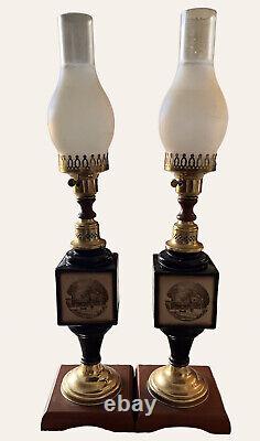 Très Rare! Currier & Ives Vintage Lampe Ensemble De Deux. Voir Détails