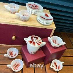 Très Rare! Vintage Akro Agate Oxblood Glass, Marble Onyx Kids Tea Set 16pcs