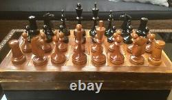 Très Rare Vintage Jeu D'échecs Soviétique En Bois Des Années 40, Ensemble D'échecs À Collectionner