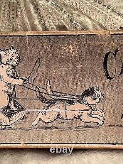 Très rare coffret illustré d'antiquités victoriennes de chats de Louis Wain, ensemble de couverts en argent pour enfants.