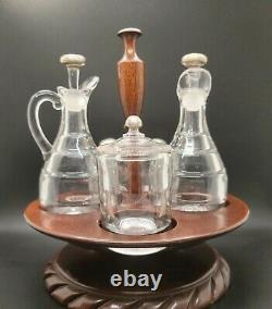 Very Rare 1950's Clear Glass Condiment Set Avec Sterling Silver Tops