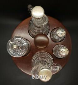 Very Rare 1950's Clear Glass Condiment Set Avec Sterling Silver Tops
