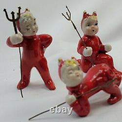 Vintage Rouge Diable Pixie Elf Figurines Avec Pitchfork Ensemble De 3 Gaucher Très Rare